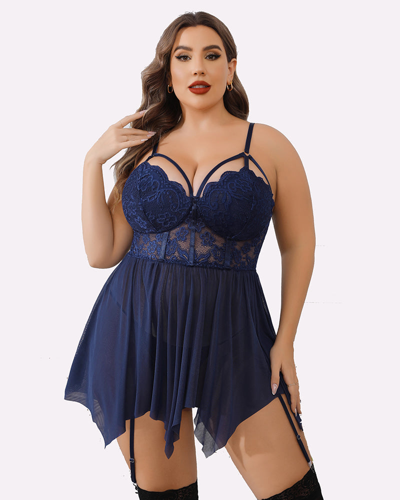 Plus size mesh lace babydoll (dark blue) with lace cups, strappy corset panel, tulle skirt