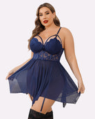 Plus size mesh lace babydoll (dark blue) with lace cups, spaghetti straps, tulle hem