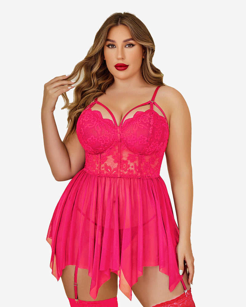 Pink mesh lace babydoll with underwire cups, spaghetti straps, and tulle overlay
