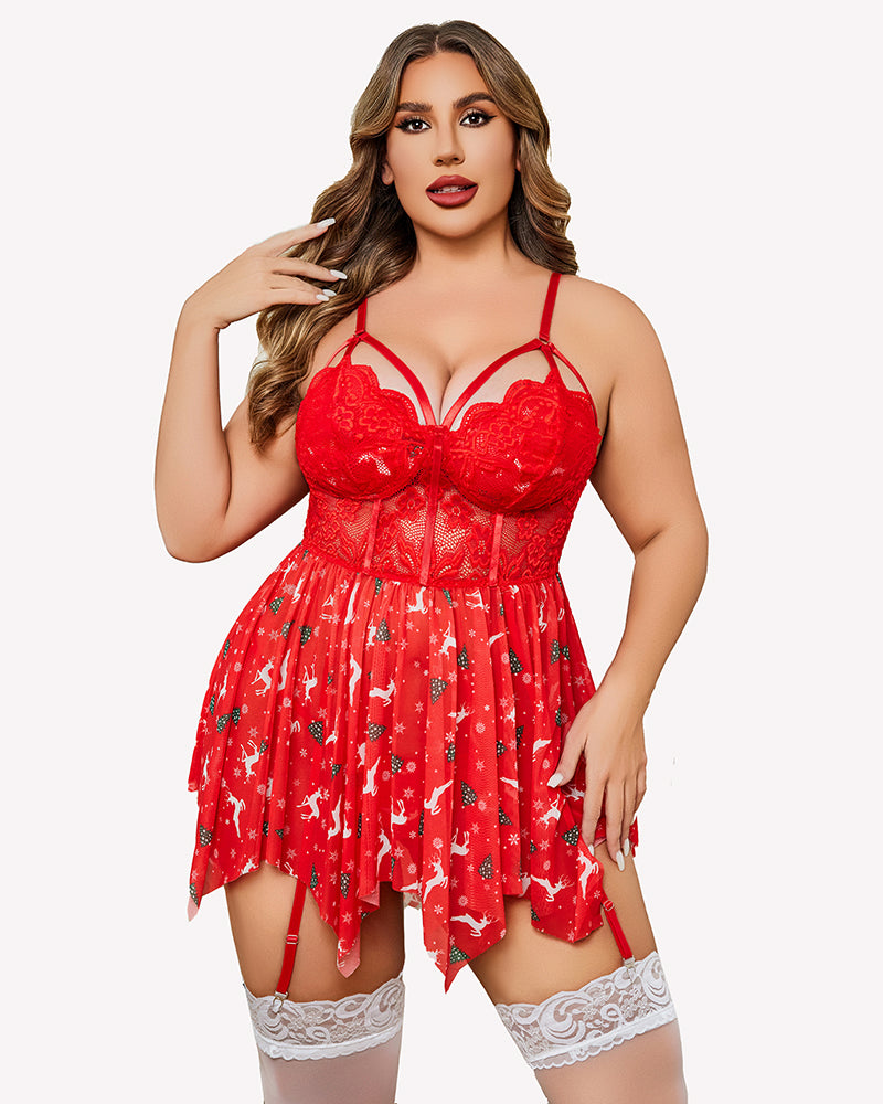 Red mesh lace babydoll with scalloped cups, spaghetti straps, and asymmetrical hem