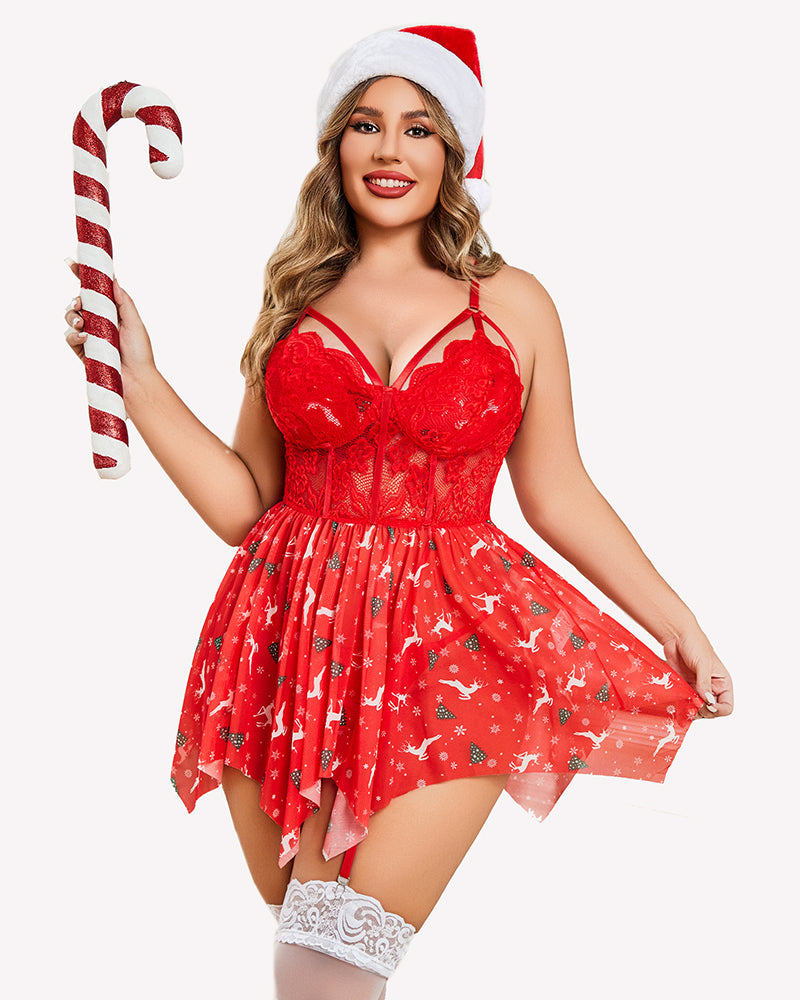Red mesh lace babydoll dress with underwire cups, thin straps, and white print pattern