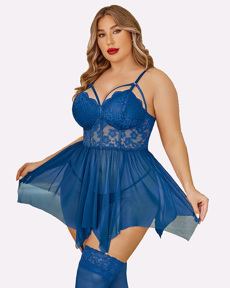 Plus size mesh lace babydoll (dark blue) with lace bust, gathered tulle skirt, garter straps
