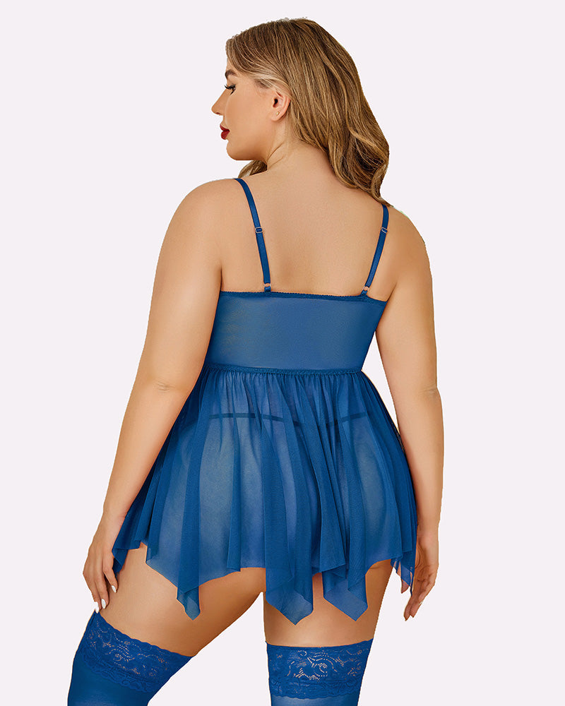 Plus size mesh lace babydoll (blue) with lace trim, open back straps, asymmetric tulle hem