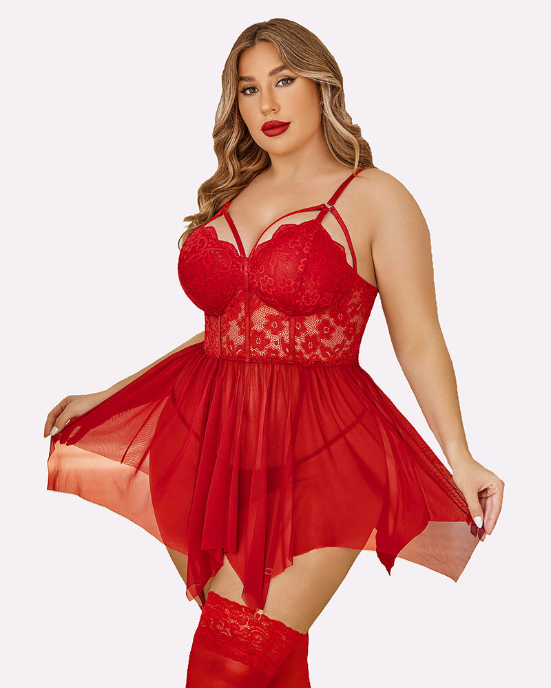 Plus size mesh lace babydoll (red) with lace cups, strappy bodice, tulle mini skirt