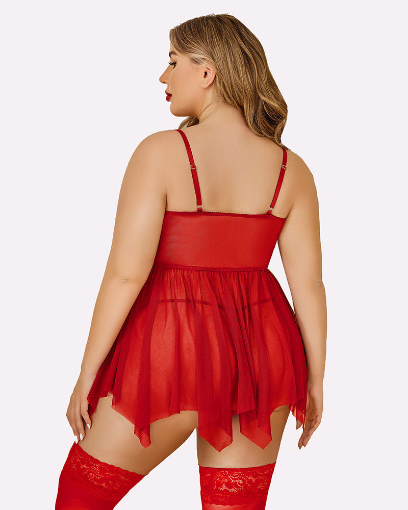 Plus size mesh lace babydoll (red) with lace trim, back straps, layered tulle skirt
