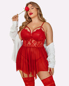Plus size mesh lace babydoll (red) with lace cups, corset panel, tulle hem and garters