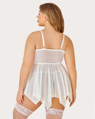 White mesh lace babydoll back view with thin straps and lace-trim garter shorts hem