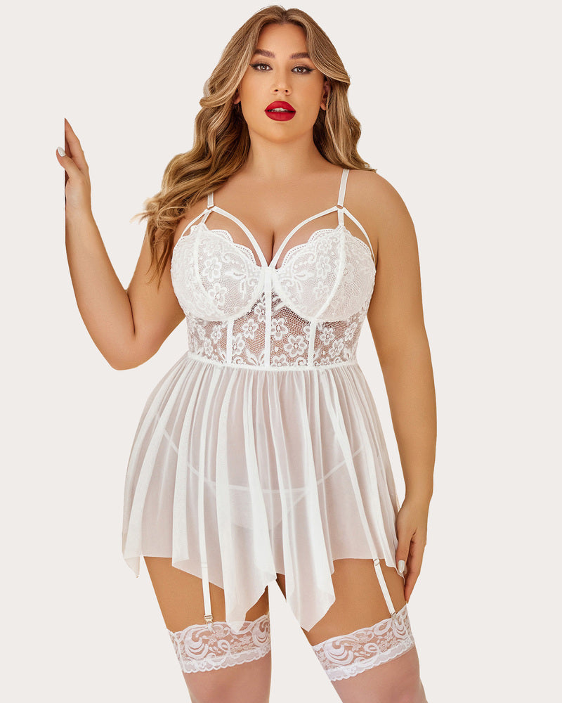 White mesh lace babydoll with underwire cups, sheer tulle skirt, and lace garter shorts