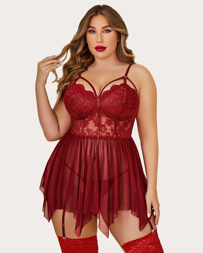 Wine red plus size mesh lace babydoll with lace cups and tied straps, short hem