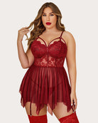 Wine red plus size mesh lace babydoll with lace cups and tied straps, short hem