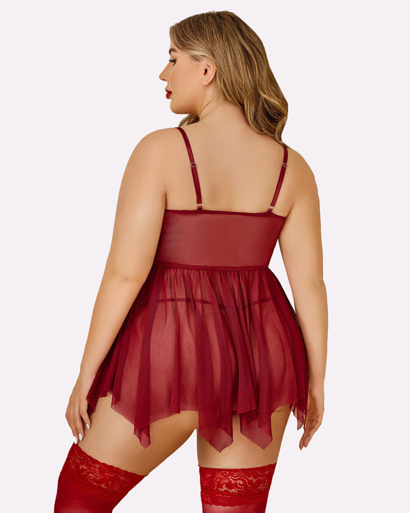 Wine red plus size mesh lace babydoll back view, thin straps, asymmetrical tulle hem