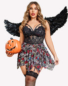 Black mesh lace babydoll with skull-and-rose print skirt, underwire cups, and garters