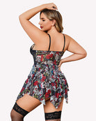 Skull-and-rose print mesh lace babydoll with crisscross lace back and garter shorts