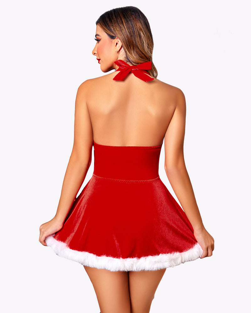 Red velvet halter back mini dress with white faux-fur hem trim