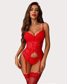 Floral lace corset and panty set in red, front view with lace thong and garters