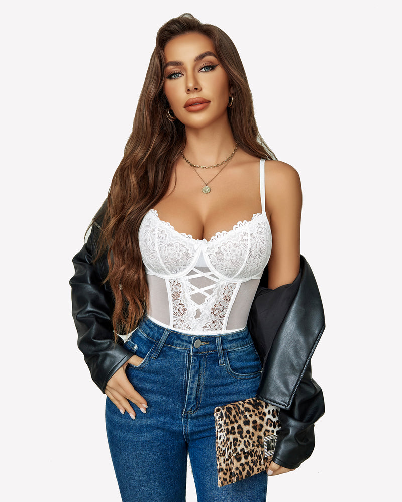 White floral lace corset and panty set with garter straps
