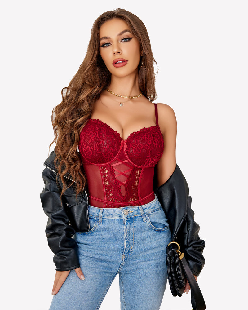 Red floral lace corset and panty set with garter straps