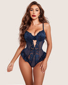 Navy blue lace garter lingerie teddy set with underwire cups and ruffle hem