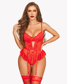 Red lace teddy lingerie set with lace-up front and garter straps