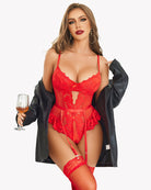 Red lace teddy lingerie set with ruffled trim and thigh garters