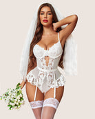 White lace garter lingerie teddy set with underwire bra and lace-up garter straps