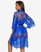 Blue lace kimono robe with belt over matching bra and panties