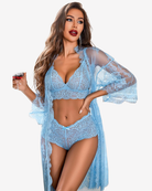 Light blue lace bra, matching panties, and sheer robe with lace trim