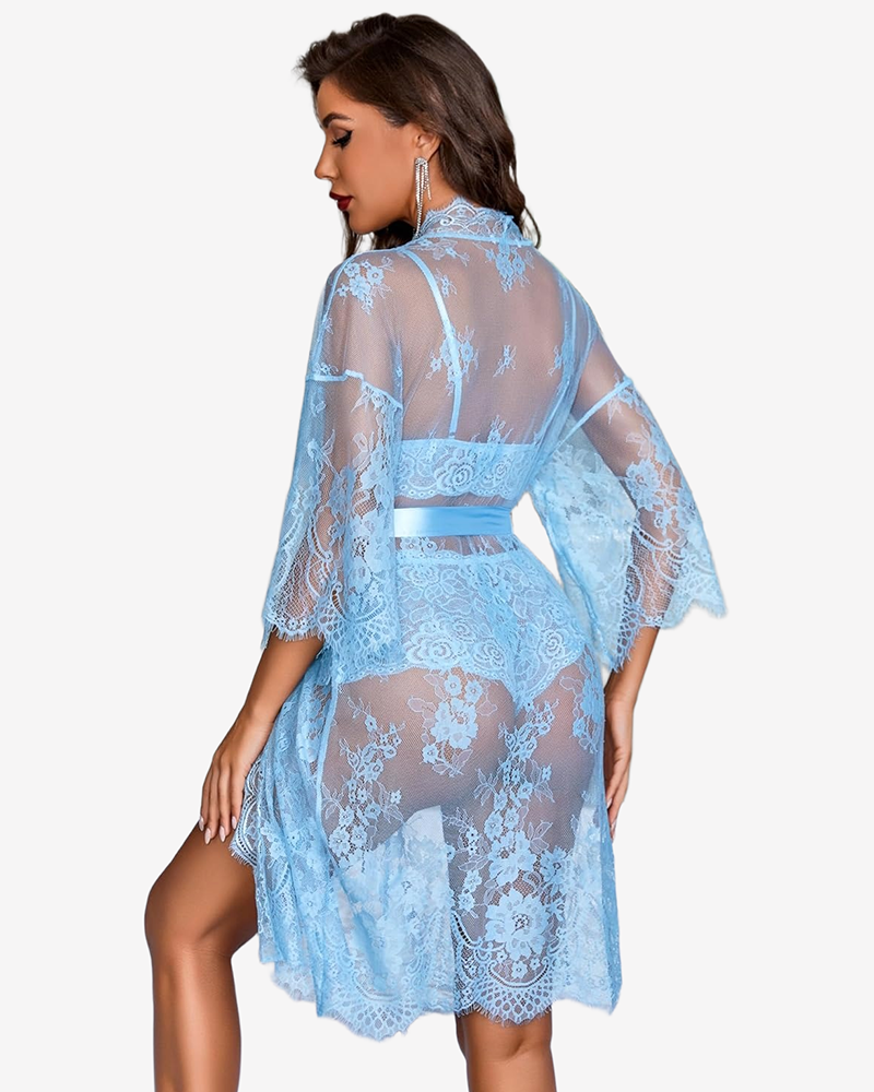 Light blue sheer lace robe with belt over matching bra and panties