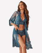 3-piece lingerie set in blue: lace bra and panty with open sheer robe