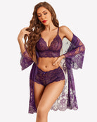 3-piece lingerie set in purple: lace bra, high-waist panty, sheer robe
