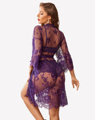 Lace 3-piece bra, panty, and robe set in dark purple-blue, sheer long-sleeve robe