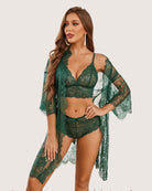 3-piece lingerie set in green: lace bra, high-waist panty, sheer kimono robe
