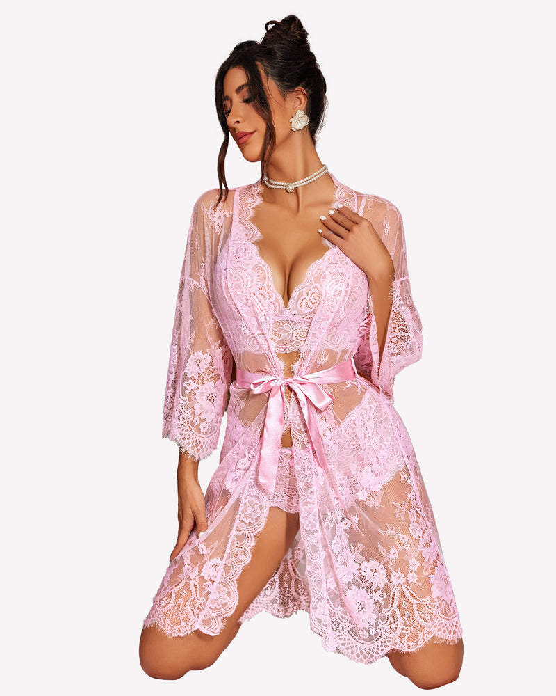 Lace 3-piece bra, panty, and robe set in light pink with long sheer robe