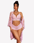 Lace bra and panty with matching sheer robe in light pink, bow at waist