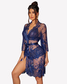 Lace 3-piece bra, panty, and robe set in dark blue with sheer long robe