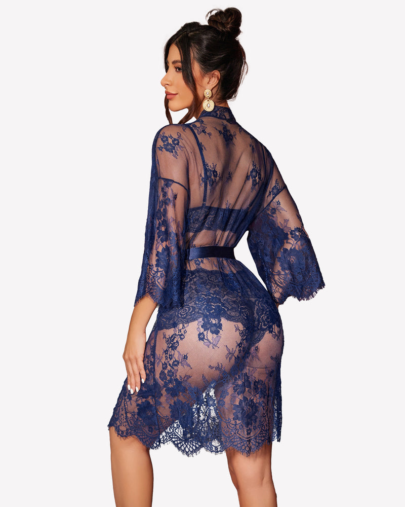 Lace 3-piece bra, panty, and robe set in dark blue, sheer robe with belt tie