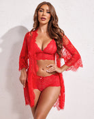 Red lace 3-piece lingerie set with bra, matching panties, and sheer robe, front.