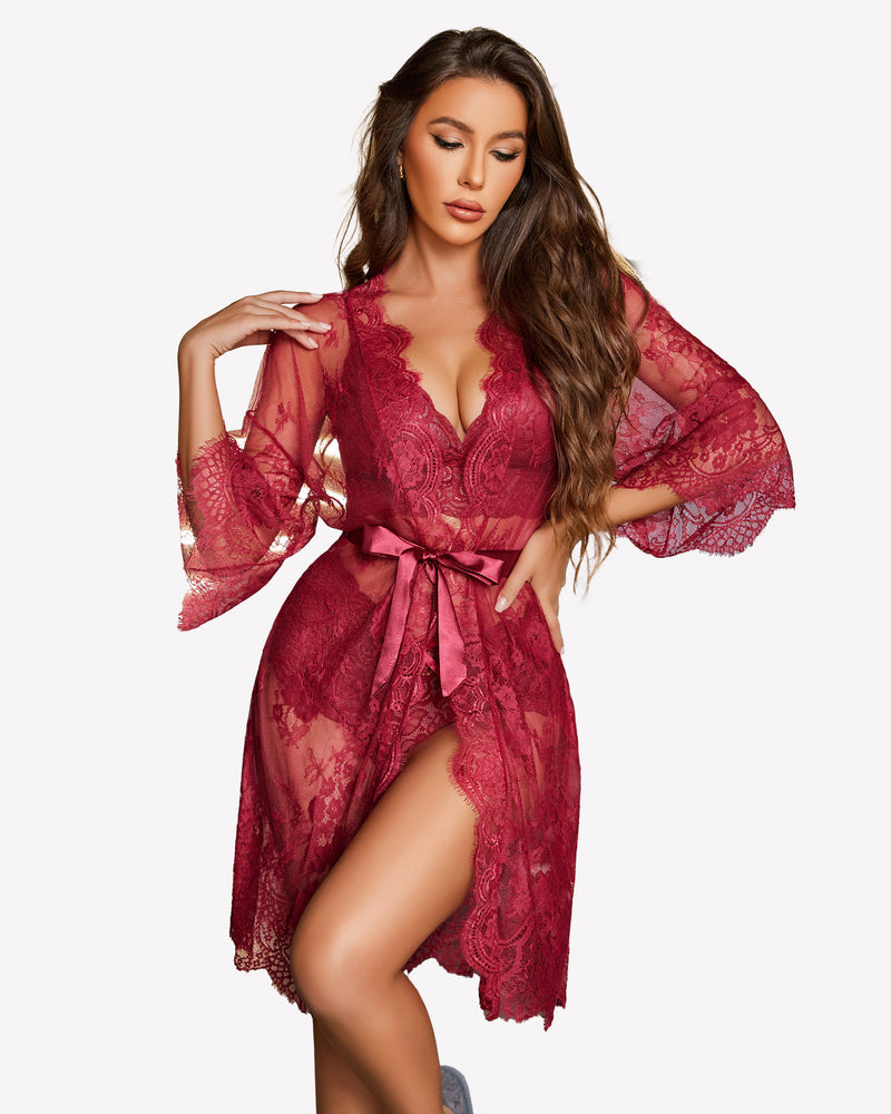 Lace 3-piece bra, panty, and robe set in deep red with sheer long robe