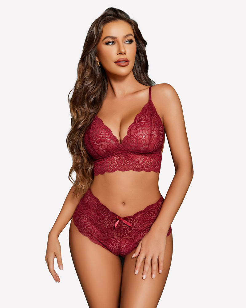 Burgundy lace bra, matching panties, and sheer robe