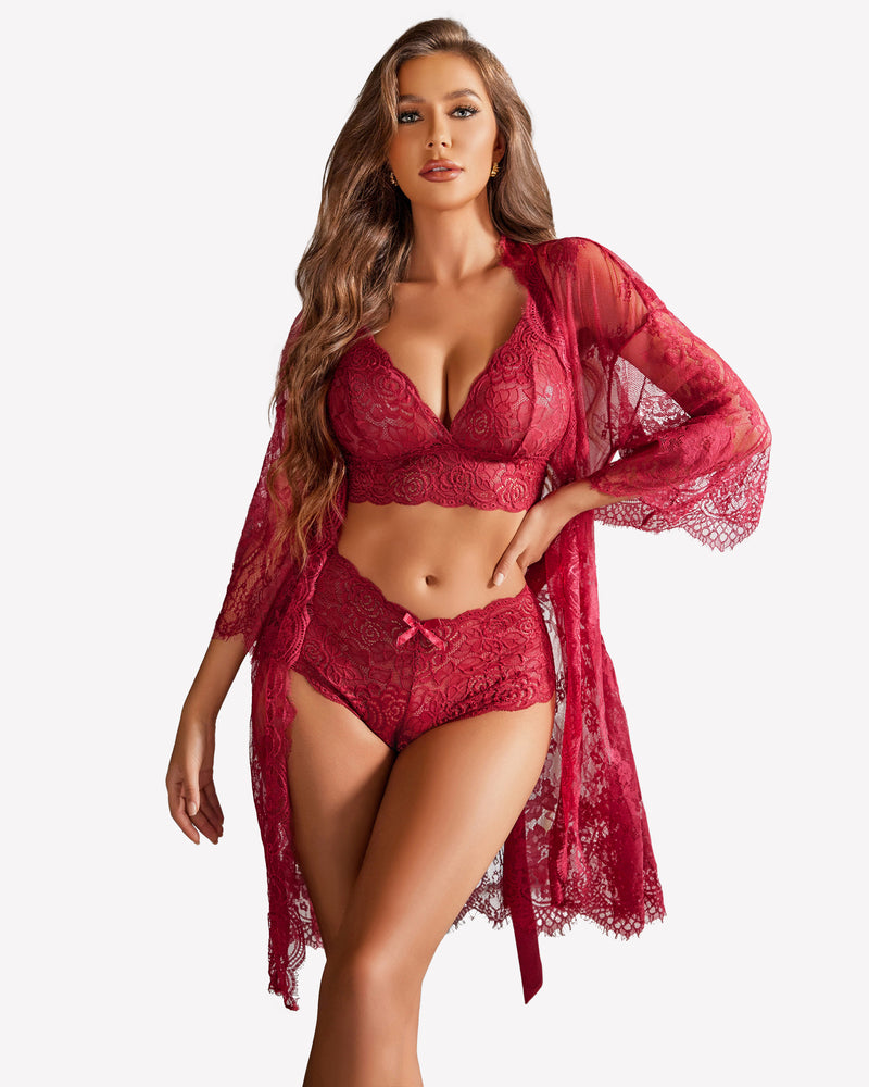 Red lace bra, matching panties, and long sheer robe