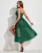 Green lace babydoll nightdress with V-back straps and layered sheer skirt