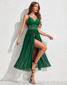 Green lace mesh nightdress with V-neck lace bodice and long sheer overlay skirt