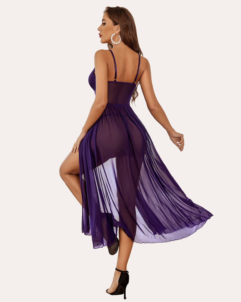 Purple lace mesh nightdress with V-back straps and flowing sheer skirt