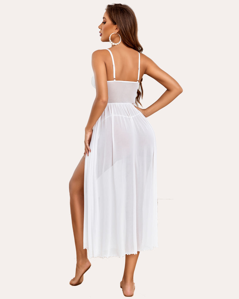 White lace babydoll nightdress with mesh skirt and thin spaghetti straps