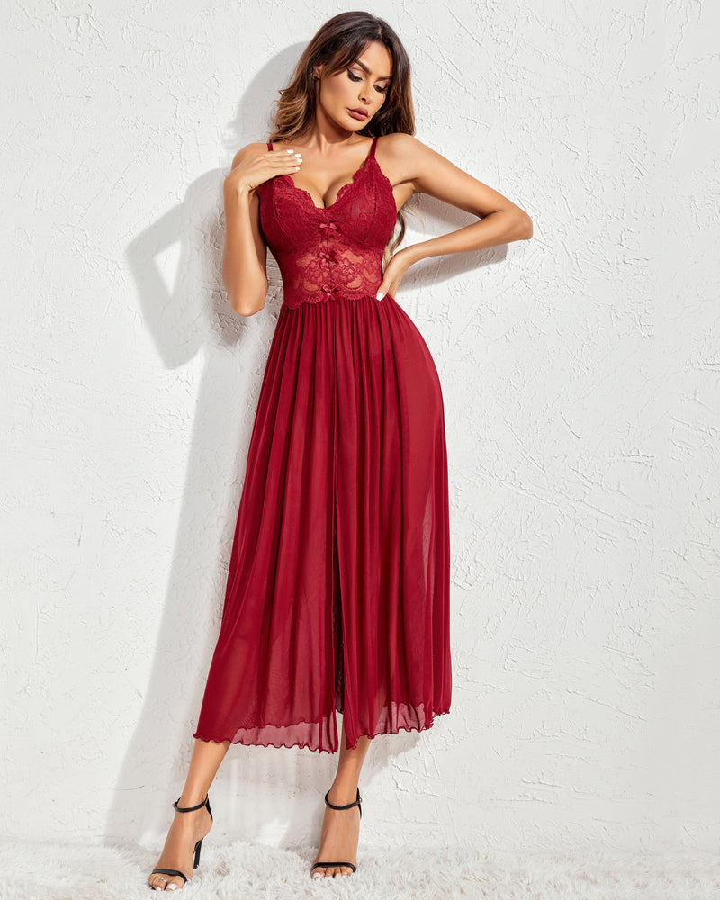 Red lace babydoll nightdress with lace bust, pleated mesh skirt, and scalloped hem