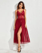 Red lace babydoll nightdress with mesh skirt, lace bodice, and front slit