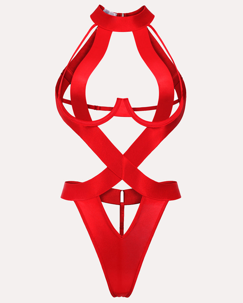 Red strappy teddy one-piece with underwire, front view with cutout sides