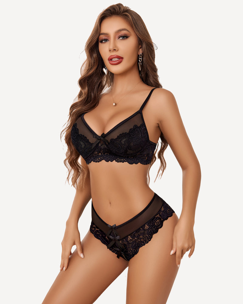 Black lace bra and panty set with thin straps and matching lace brief
