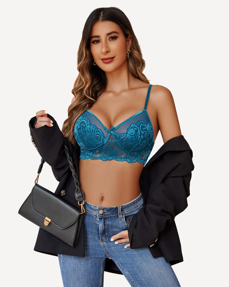 Blue lace bra and panty set with underwire cups and scalloped lace trim