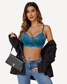 Blue lace bra and panty set with underwire cups and scalloped lace trim